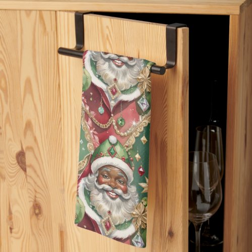 Jewelled Black Santa Vintage Style Christmas Kitchen Towel