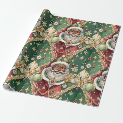Jewelled Black Santa Watercolor Vintage Christmas Wrapping Paper