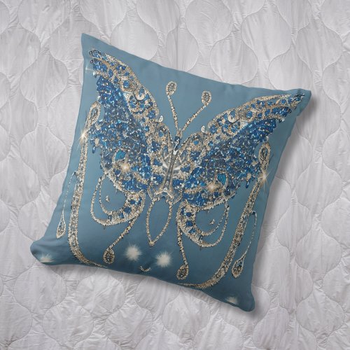 Jewelled ButterflyBlueSilverBling Throw Pillow