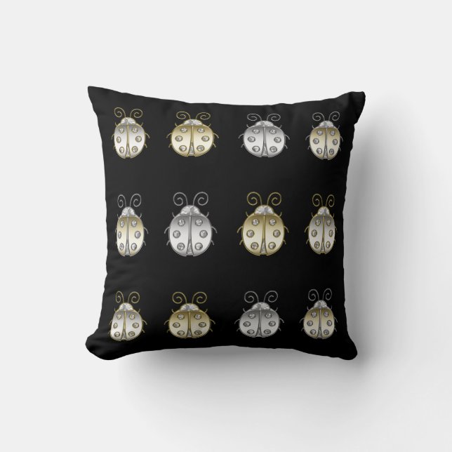 Jewelled Ladybugs Gold Silver Diamond Throw Pillow (Front)