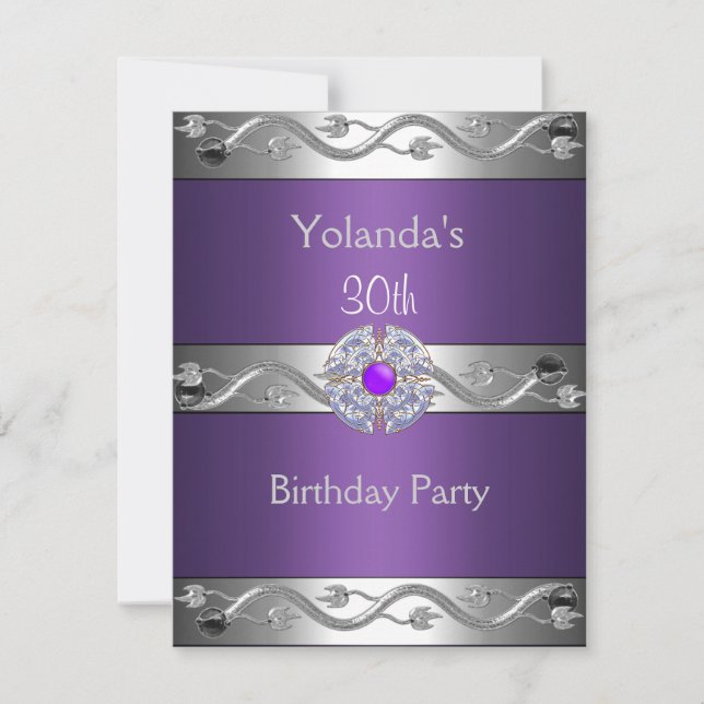 Jewelled Purple Silver 30th Birthday Party 2 Invitation (Front)