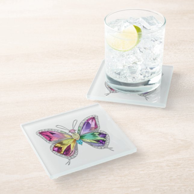 Jewelled Rainbow Crystal Butterfly Glass Coaster (Angled)