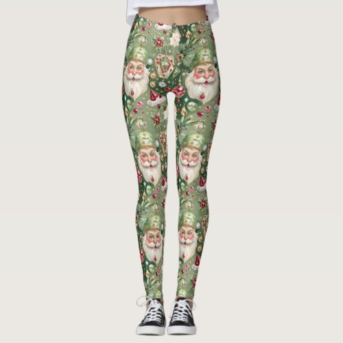 Jewelled Santa Sage Green Ruby Red Christmas Leggings