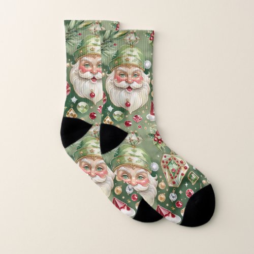 Jewelled Santa Watercolor Vintage Style Christmas Socks
