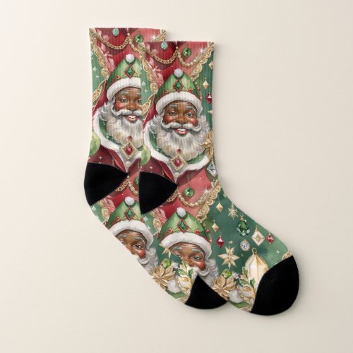 Jewelled Vintage Black Santa Christmas Socks