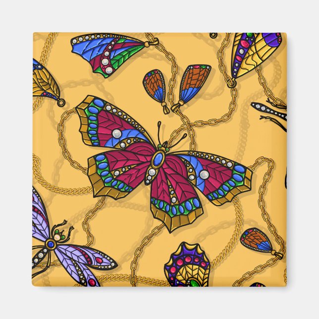 Jewellery butterflies and dragonflies on yellow magnet (Front)