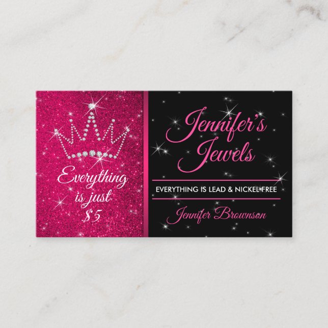 Jewelry and Accessories Glitter Pink Diamond Crown Business Card (Front)