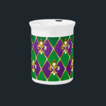 Jewelry Background Mardi Gras Beverage Pitcher<br><div class="desc">jewelry,  background on  Mardi Gras of purple and green rhombus,  decorated gold lilies.</div>