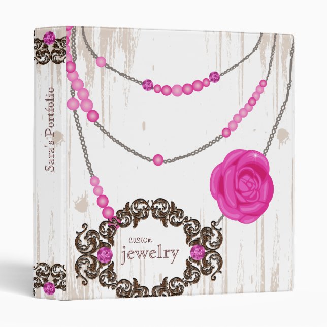 Jewelry Binder Portfolio Rose Necklace Brown Pink (Front/Spine)