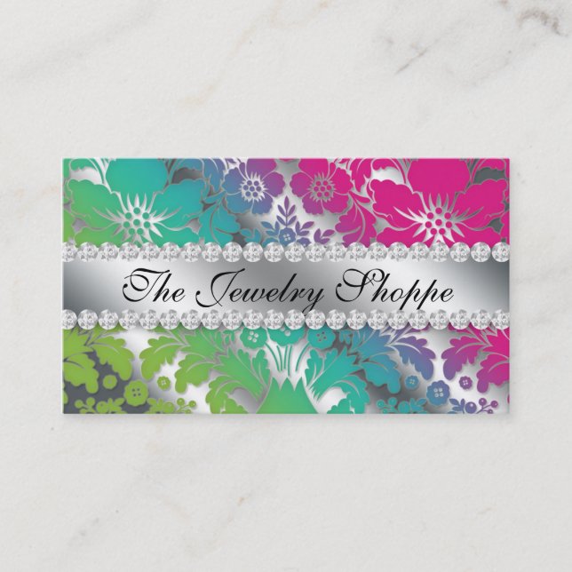 Jewelry Business Card Damask Floral Silver PGB (Front)