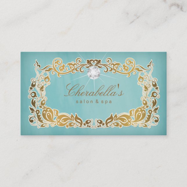 Jewelry Business Card Floral Blue Gold Frame (Front)
