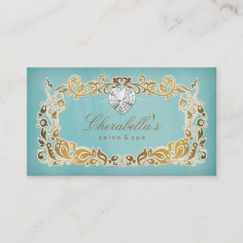 Jewelry Business Card Floral Blue Gold Frame Heart