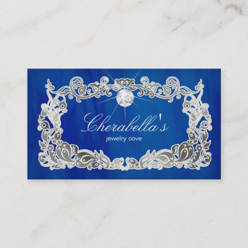 Customizable Jewelry Business Card Floral Blue Silver Diamonds