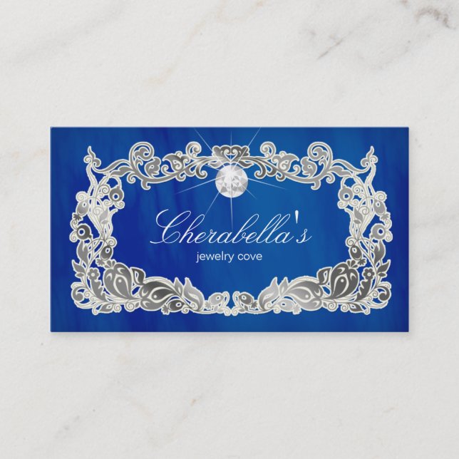 Jewelry Business Card Floral Blue Silver Diamonds (Front)