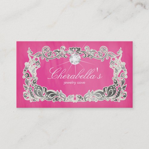Jewelry Business Card Floral Pink Silver Diamonds