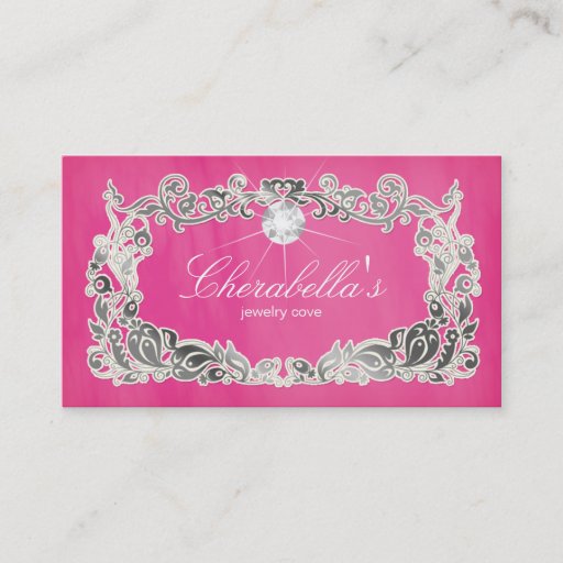 Customizable Jewelry Business Card Floral Pink Silver Diamonds