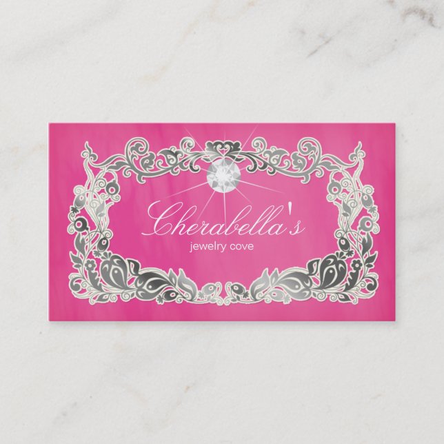 Jewelry Business Card Floral Pink Silver Diamonds (Front)
