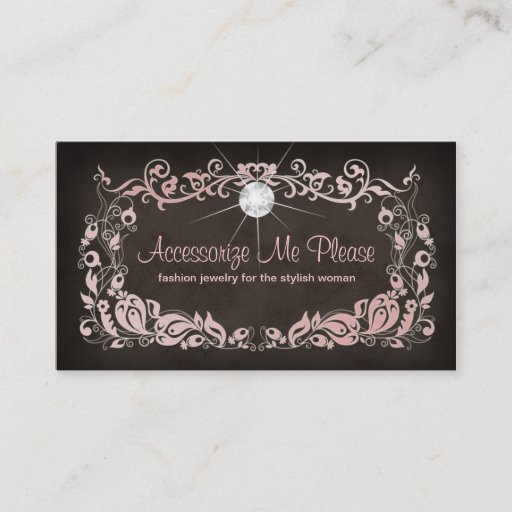 Customizable Jewelry Business Card Pink Brown Floral Frame 2