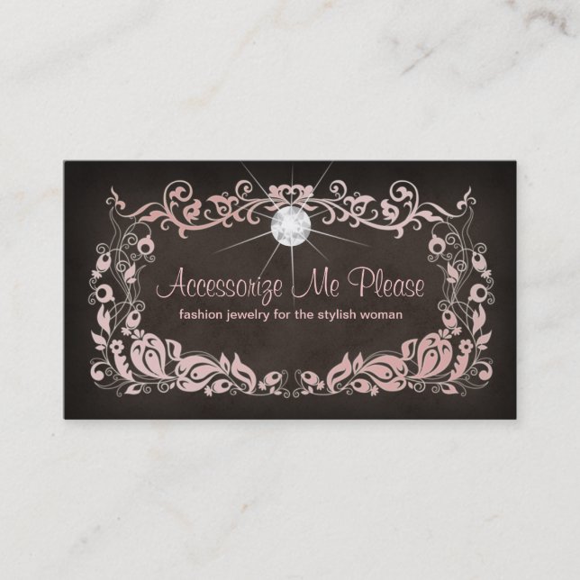 Jewelry Business Card Pink Brown Floral Frame 2 (Front)