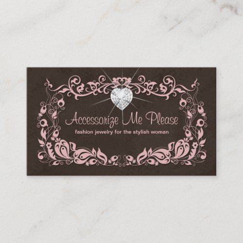 Jewelry Business Card Pink Brown Floral Heart