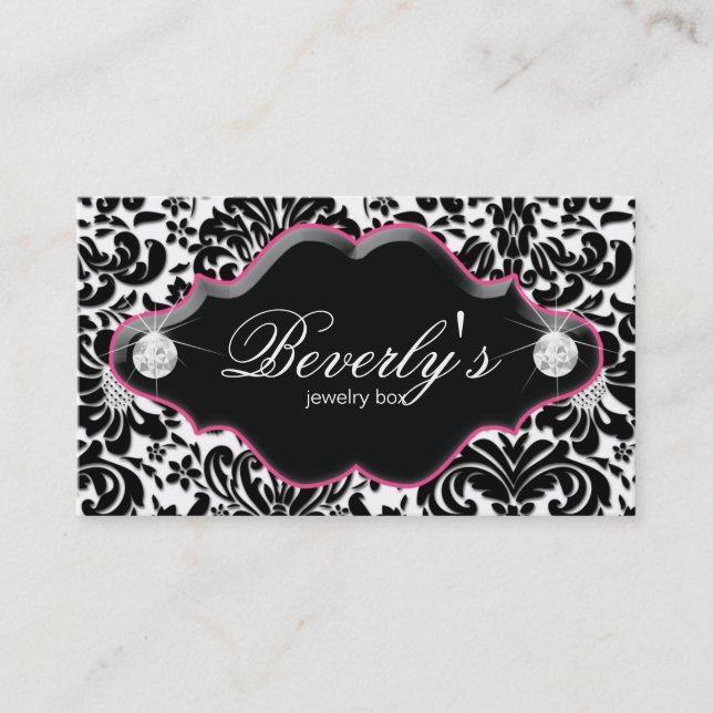 Jewelry Business Card Pink Damask Diamonds (Front)
