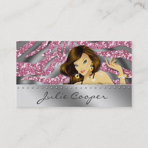 Jewelry Business Card Pink Woman Zebra Silver