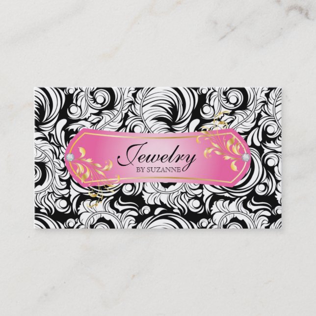 Jewelry Business Card SALE Swirls Black Pink Gold (Front)