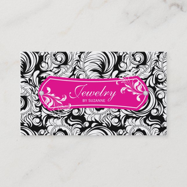 Jewelry Business Card Swirls Black Pink Gold (Front)