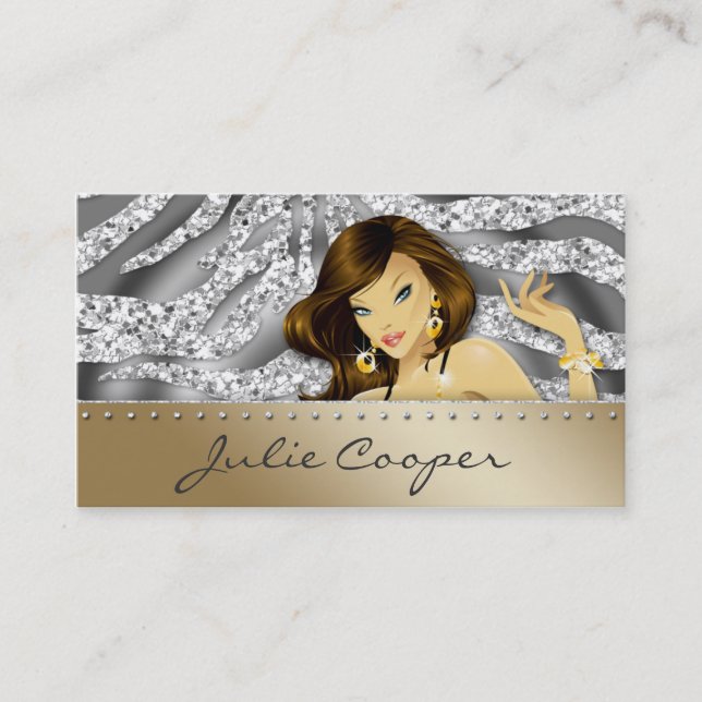 Jewelry Business Card Tanning Woman Zebra Silver G (Front)