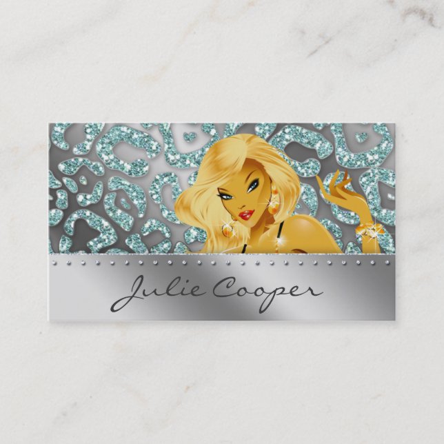 Jewelry Business Card Teal Blonde Leopard Tanning (Front)