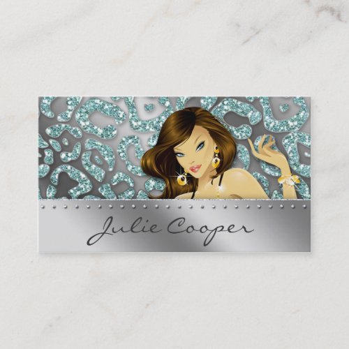 Jewelry Business Card Teal Woman Leopard Silver