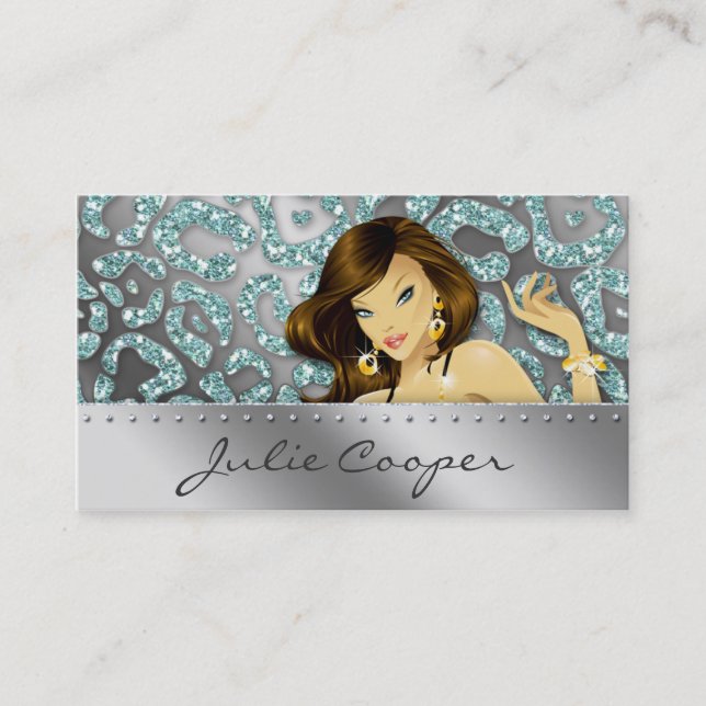 Jewelry Business Card Teal Woman Leopard Silver (Front)