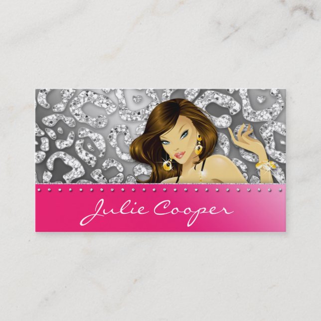 Jewelry Business Card Woman Leopard Pink Silver (Front)