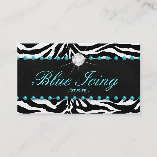 Jewelry Business Card Zebra Blue Dots Diamond (Front)