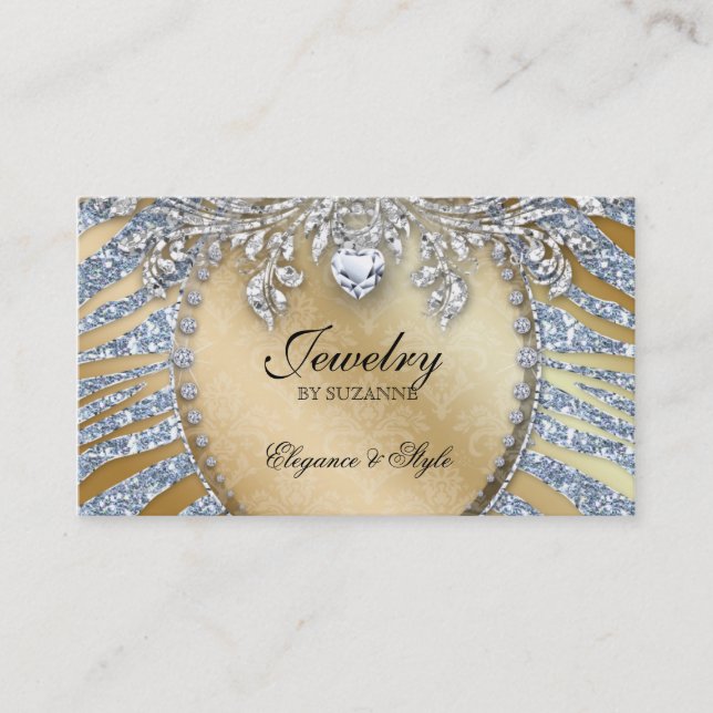 Jewelry Business Card Zebra Glitter Silver Gold (Front)