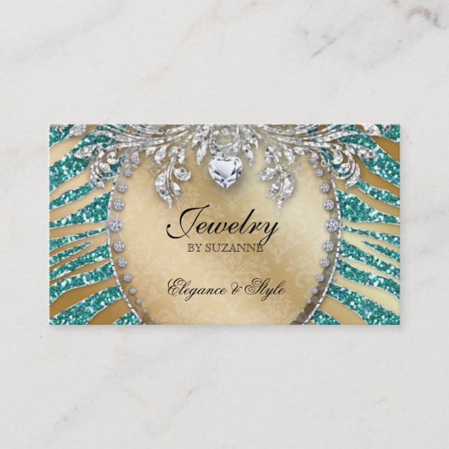 Jewelry Business Card Zebra Glitter Teal Gold (Front)