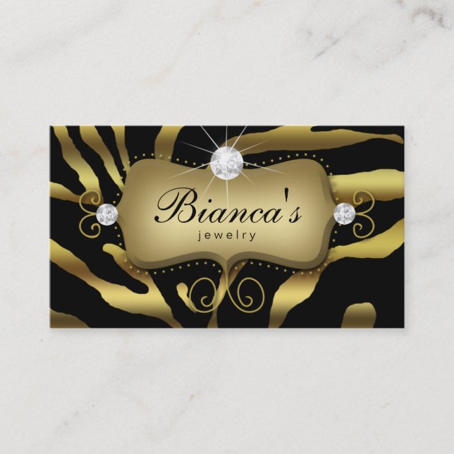 Jewelry Business Card Zebra Gold Diamonds (Front)