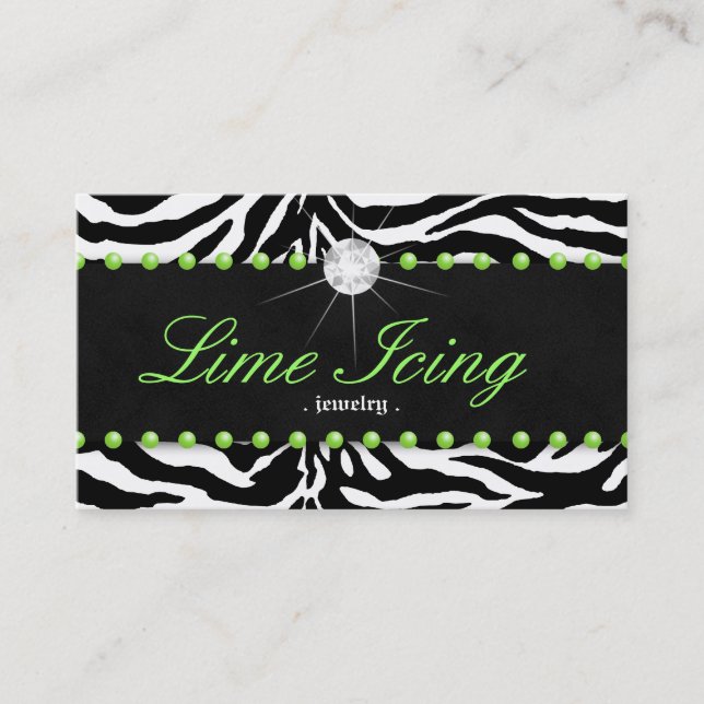 Jewelry Business Card Zebra Lime Dots Diamond (Front)