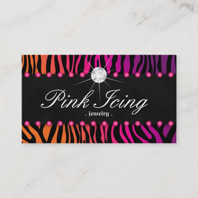 Jewelry Business Card Zebra Orange Purple Dots (Front)