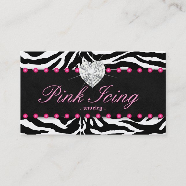 Jewelry Business Card Zebra Pink Dots Heart (Front)
