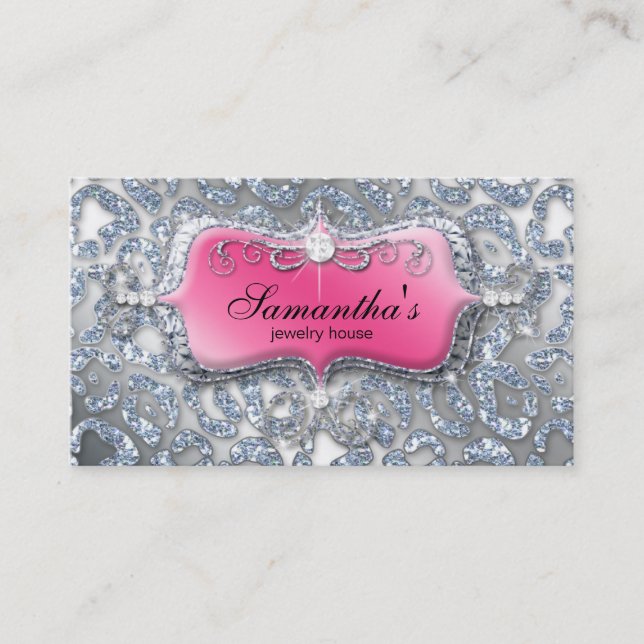 Jewelry Business Card Zebra Pink Silver Glitter (Front)