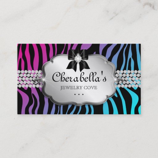 Customizable Jewelry Business Card Zebra Purple Blue Bow
