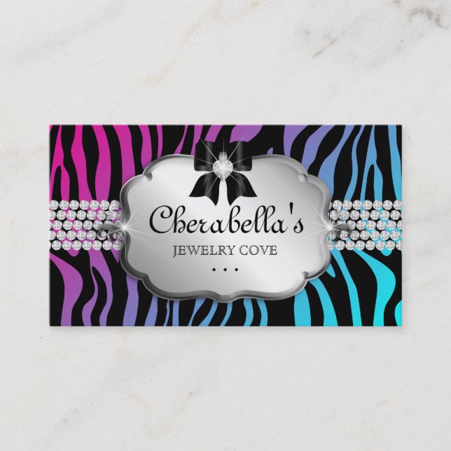 Jewelry Business Card Zebra Purple Blue Bow (Front)