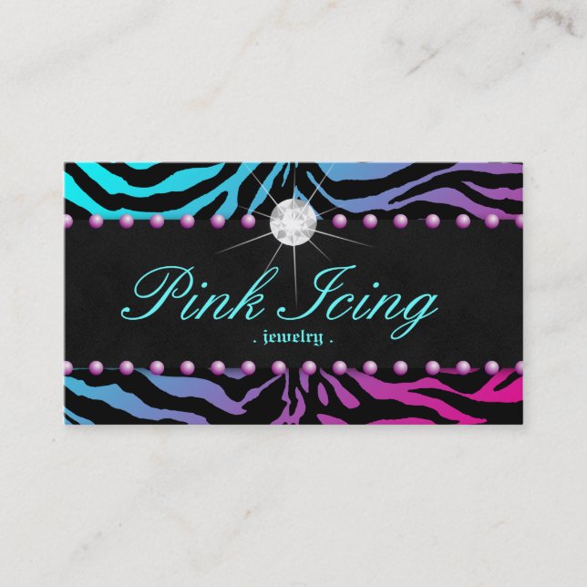 Jewelry Business Card Zebra Purple Dots Blue Pink (Front)