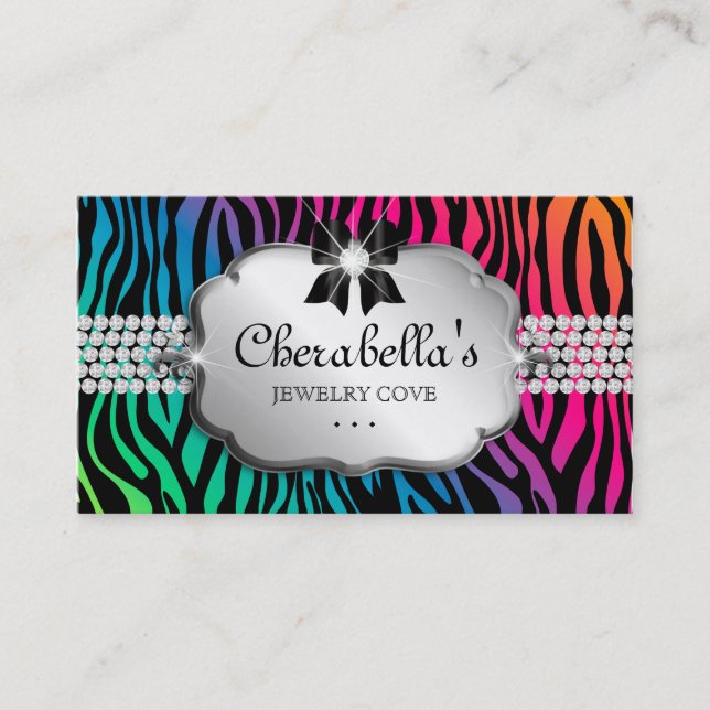 Jewelry Business Card Zebra Rainbow Bow Heart (Front)