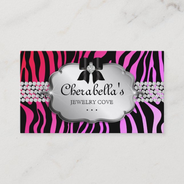 Jewelry Business Card Zebra Red Pink Bow (Front)