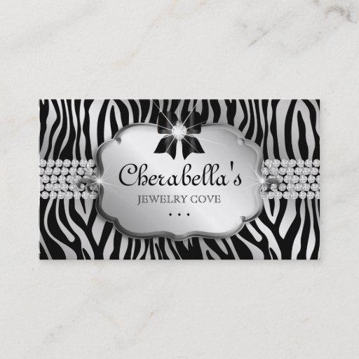 Customizable Jewelry Business Card Zebra Silver Bow Heart