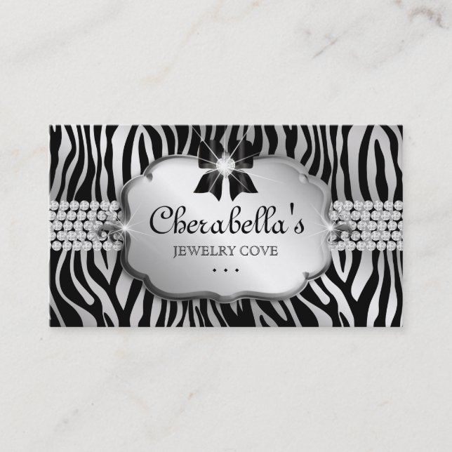 Jewelry Business Card Zebra Silver Bow Heart (Front)