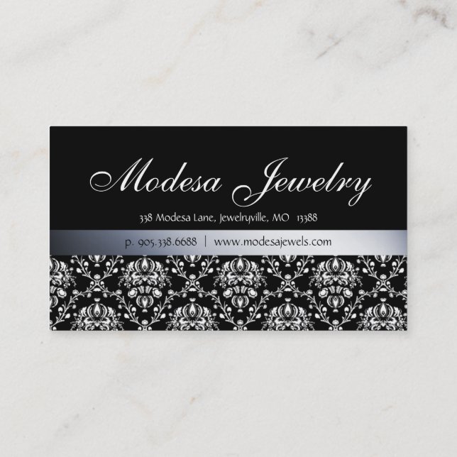 Jewelry Business Cards Birthstones Damask BW