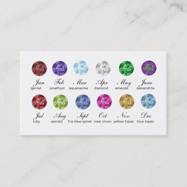 Jewelry Business Cards Birthstones Damask BW (Front)